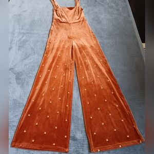 Wide Leg Rust Orange & Embroidered Star Velvet Jumpsuit By Jun & Ivy Size Small